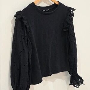 Zara Black Blouse with Eyelet Ruffle Sleeves